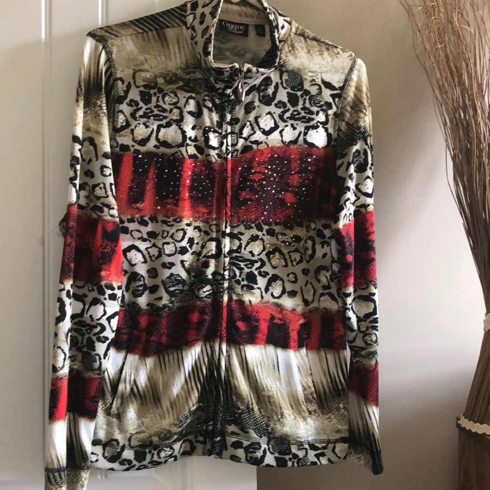 Onque Casual Zip Up Animal Print Top w/Bling